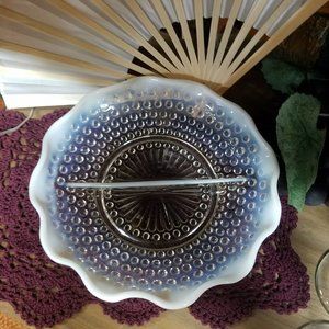 Moonstone Opalescent Hobnail Glass 7" Ruffled Edge Divided Serving Dish